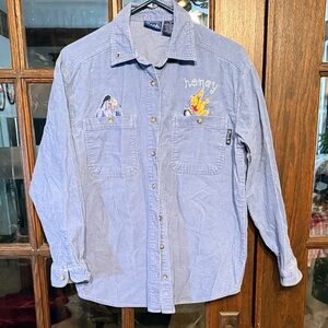 Disney Blue Corduroy Button Down Shirt w/ Embroidered Pooh and Eeyore Characters